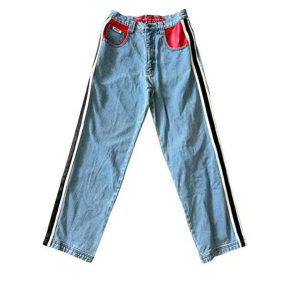 Vintage Revolt Jeans Faux Leather Trip 1990s Racing Stripe Red Sz 9 Denim Light - Picture 1 of 7